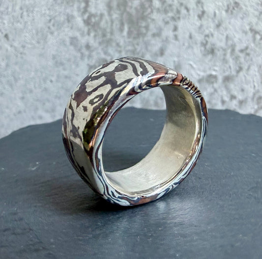 Mokume Gane Wide band Ring — Silver and Copper Fusion Wide Band