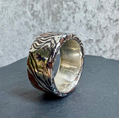 Mokume Gane Wide band Ring — Silver and Copper Fusion Wide Band